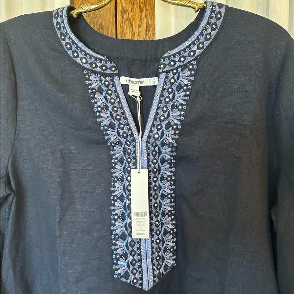 Chico’s Navy Blue Embellished Beaded Linen Dress - Picture 5 of 16